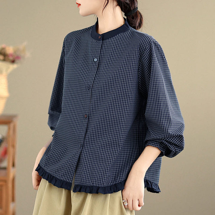 Camisa de manga larga de algodón para mujer con estampado de cuadros y rayas otoñales con Buddha Stones y dobladillo con volantes y botones. - image 1