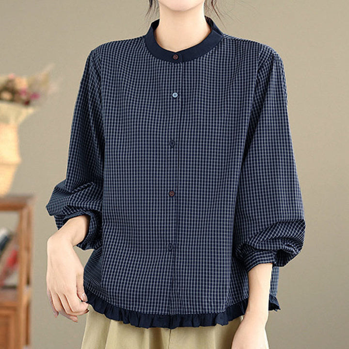 Camisa de manga larga de algodón para mujer con estampado de cuadros y rayas otoñales con Buddha Stones y dobladillo con volantes y botones. - image 2