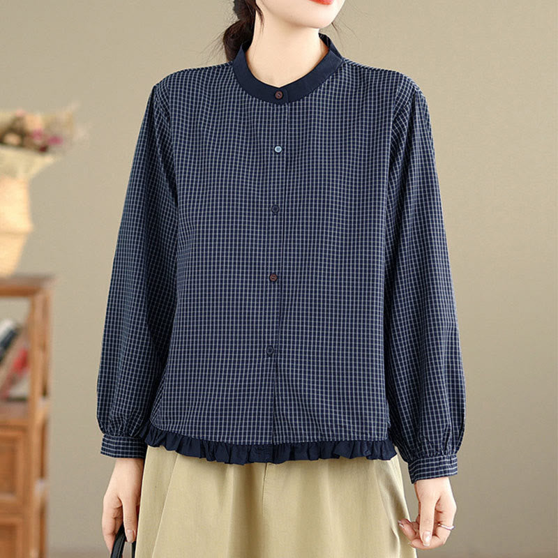 Camisa de manga larga de algodón para mujer con estampado de cuadros y rayas otoñales con Buddha Stones y dobladillo con volantes y botones. - image 3
