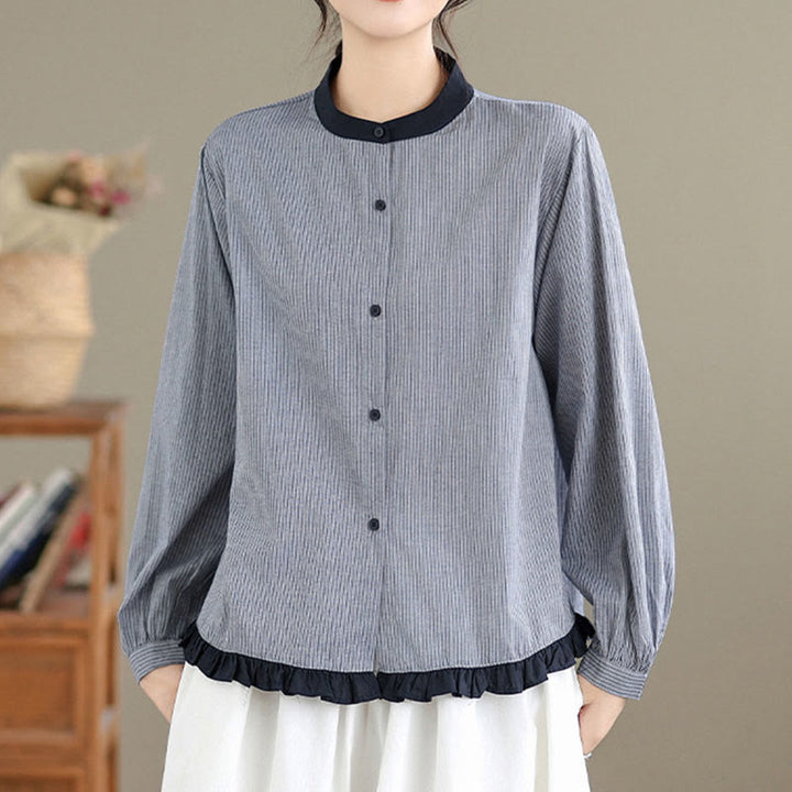 Camisa de manga larga de algodón para mujer con estampado de cuadros y rayas otoñales con Buddha Stones y dobladillo con volantes y botones. - image 10
