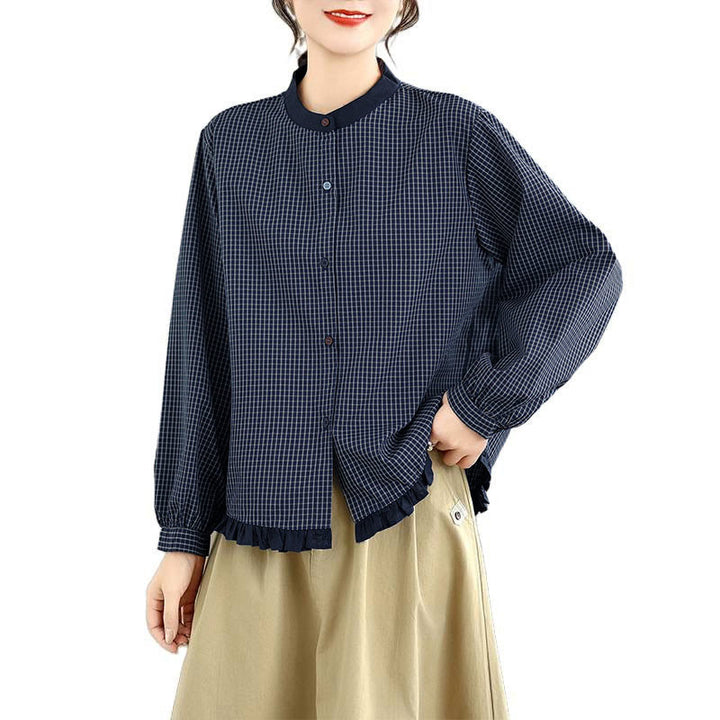 Camisa de manga larga de algodón para mujer con estampado de cuadros y rayas otoñales con Buddha Stones y dobladillo con volantes y botones. - image 6