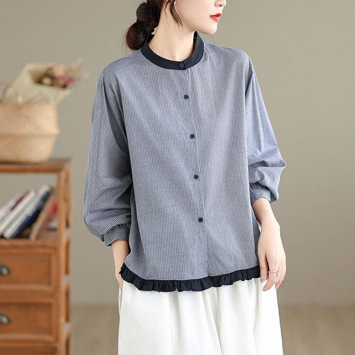 Camisa de manga larga de algodón para mujer con estampado de cuadros y rayas otoñales con Buddha Stones y dobladillo con volantes y botones. - Rayas plateadas - US8-10，UK/AU12-14，EU40-42 (2XL) - image 7