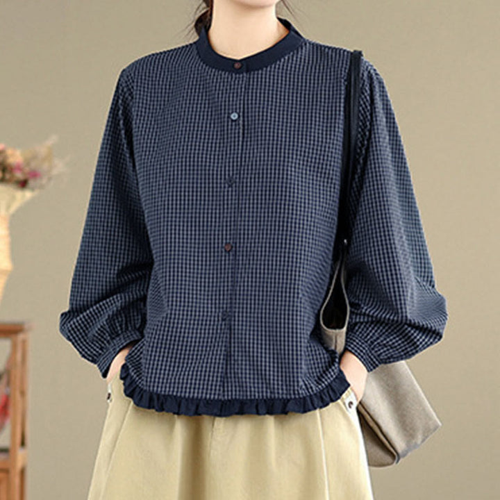 Camisa de manga larga de algodón para mujer con estampado de cuadros y rayas otoñales con Buddha Stones y dobladillo con volantes y botones. - image 5
