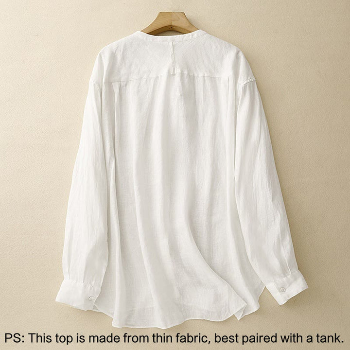 Camisa de manga larga de algodón para mujer, color liso, cuello redondo y botones, con estampado de Buddha Stones. - image 9