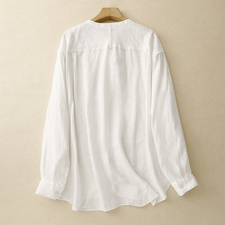 Camisa de manga larga de algodón para mujer, color liso, cuello redondo y botones, con estampado de Buddha Stones. - image 8