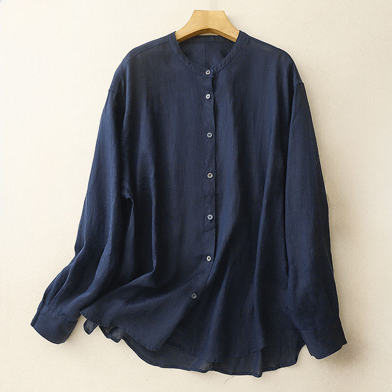 Camisa de manga larga de algodón para mujer, color liso, cuello redondo y botones, con estampado de Buddha Stones. - Azul medianoche - US8-10，UK/AU12-14，EU40-42 (2XL) - image 0