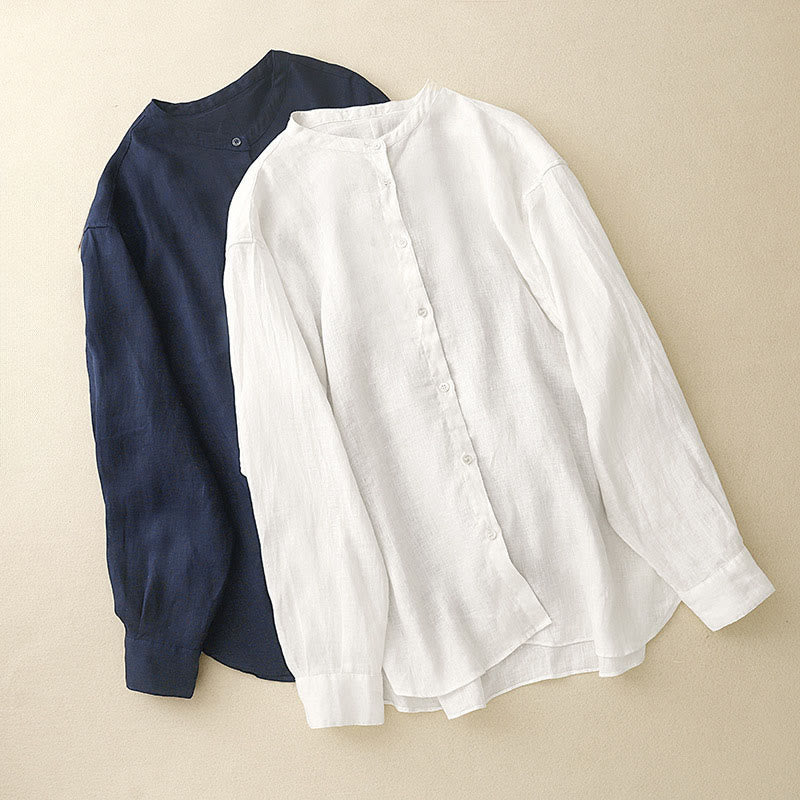 Camisa de manga larga de algodón para mujer, color liso, cuello redondo y botones, con estampado de Buddha Stones. - image 16