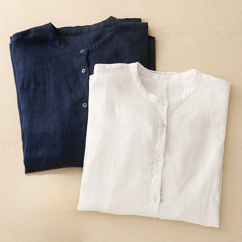 Camisa de manga larga de algodón para mujer, color liso, cuello redondo y botones, con estampado de Buddha Stones. - image 17