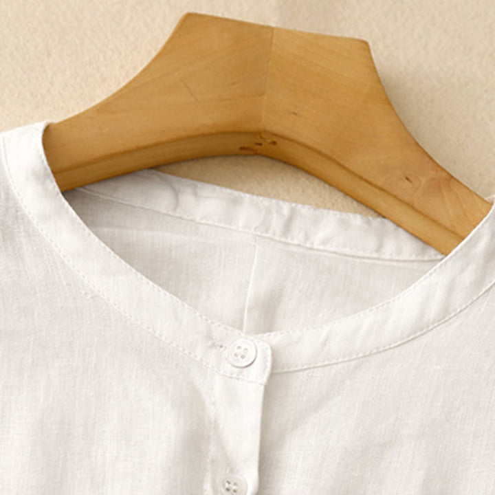 Camisa de manga larga de algodón para mujer, color liso, cuello redondo y botones, con estampado de Buddha Stones. - image 10