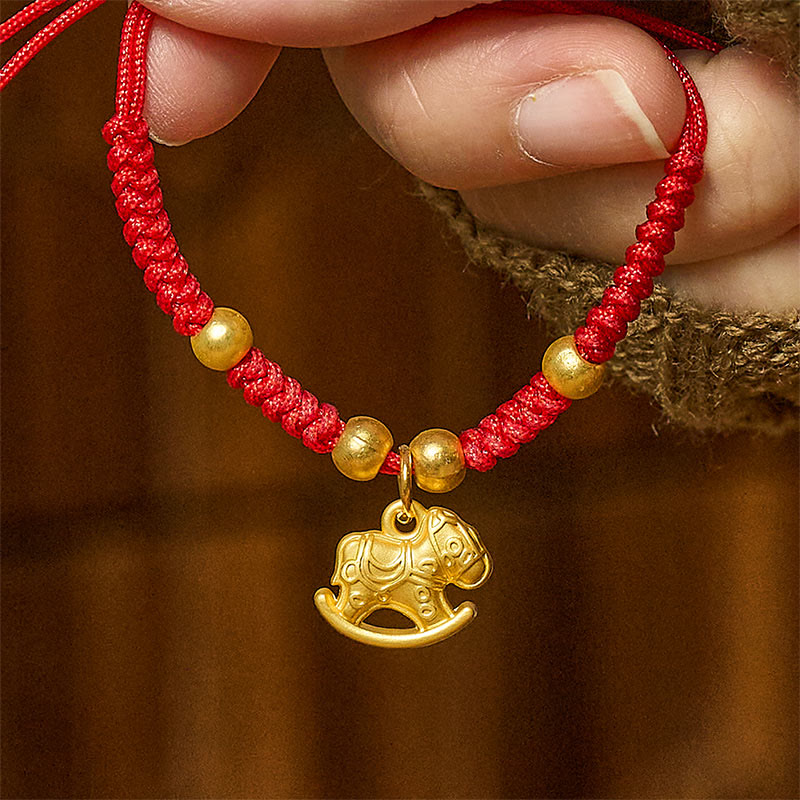 Pulsera trenzada de cobre con hilo rojo y Buddha Stones del Año Dorado del Caballo - Caballo con base arqueada (Circunferencia de la muñeca: 10-18 cm) - image 0