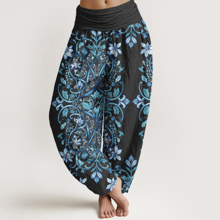 Pantalones bombachos de cintura elástica para mujer con estampado simétrico de flores, hojas y enredaderas de algodón con Buddha Stones - Negro - US16，UK/AU20，EU48 (3XL) - image 0