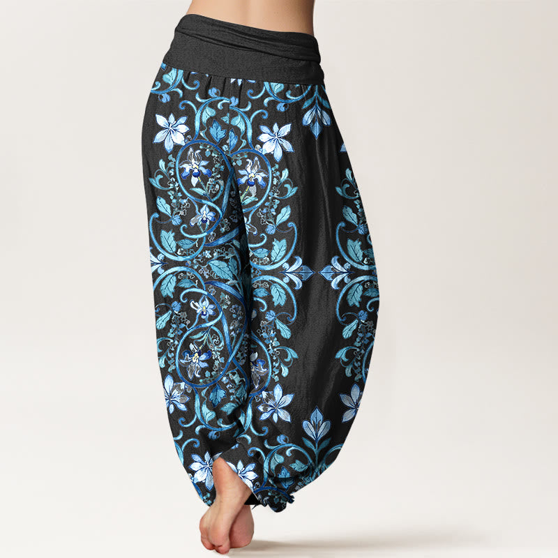 Pantalones bombachos de cintura elástica para mujer con estampado simétrico de flores, hojas y enredaderas de algodón con Buddha Stones - image 1