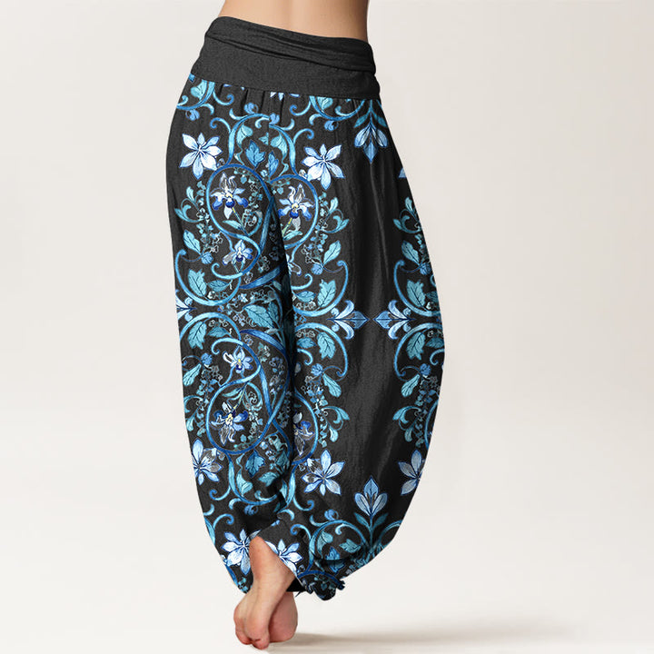 Pantalones bombachos de cintura elástica para mujer con estampado simétrico de flores, hojas y enredaderas de algodón con Buddha Stones - image 1