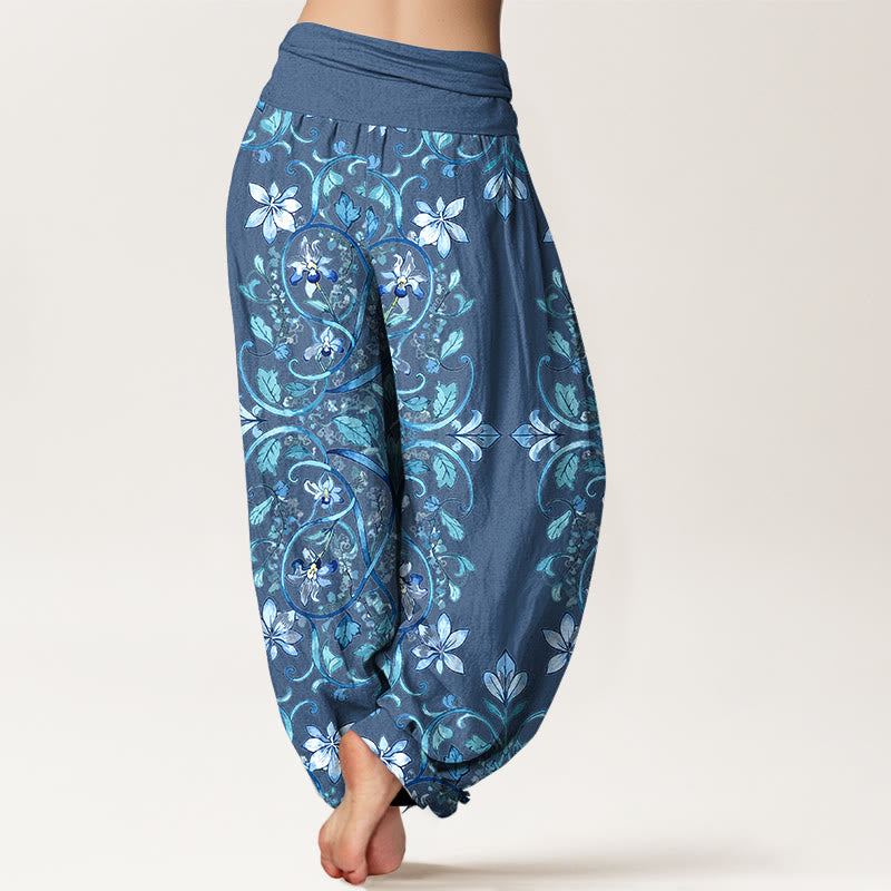 Pantalones bombachos de cintura elástica para mujer con estampado simétrico de flores, hojas y enredaderas de algodón con Buddha Stones - image 9