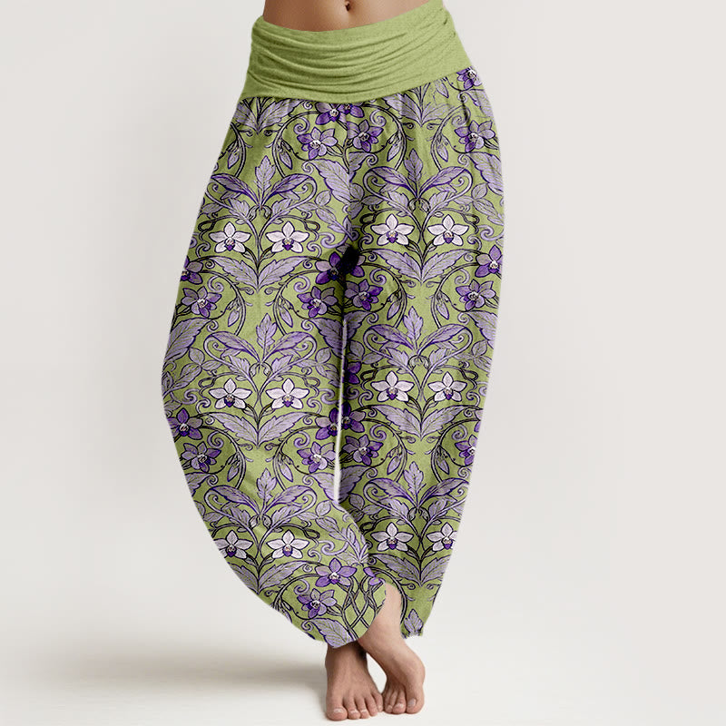 Pantalones bombachos de cintura elástica para mujer con estampado de flores, hojas y estrellas en algodón con Buddha Stones - Verde amarillento - US16，UK/AU20，EU48 (3XL) - image 0