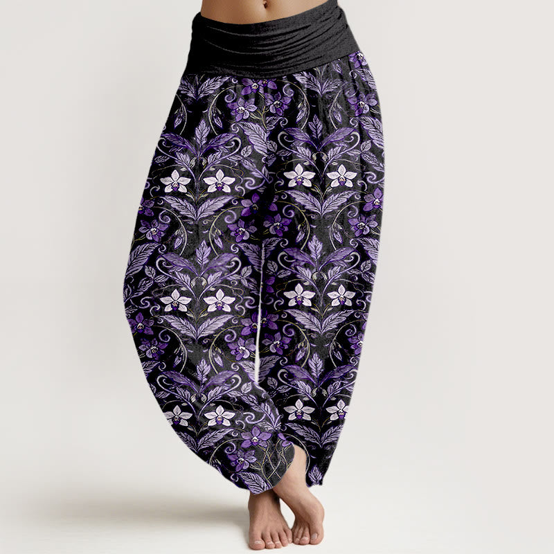 Pantalones bombachos de cintura elástica para mujer con estampado de flores, hojas y estrellas en algodón con Buddha Stones - Negro - US16，UK/AU20，EU48 (3XL) - image 8