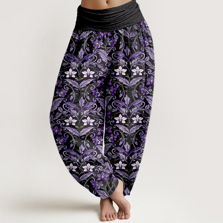 Pantalones bombachos de cintura elástica para mujer con estampado de flores, hojas y estrellas en algodón con Buddha Stones - Negro - US16，UK/AU20，EU48 (3XL) - image 8