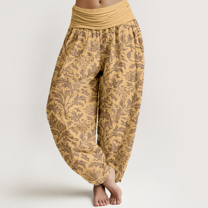 Pantalones bombachos de cintura elástica para mujer con estampado de flores de algodón, capullos y hojas dentadas con Buddha Stones. - Sandy Brown - US16，UK/AU20，EU48 (3XL) - image 5