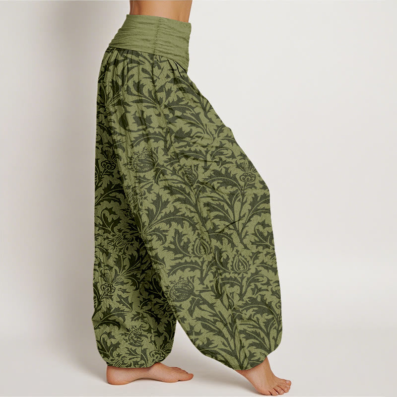 Pantalones bombachos de cintura elástica para mujer con estampado de flores de algodón, capullos y hojas dentadas con Buddha Stones. - image 10