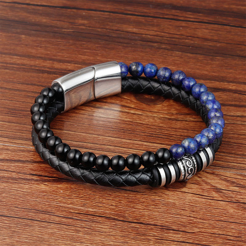 Pulsera de cuero con Buddha Stones, ónix negro, lazurita, lapislázuli, acero y titanio. - image 1
