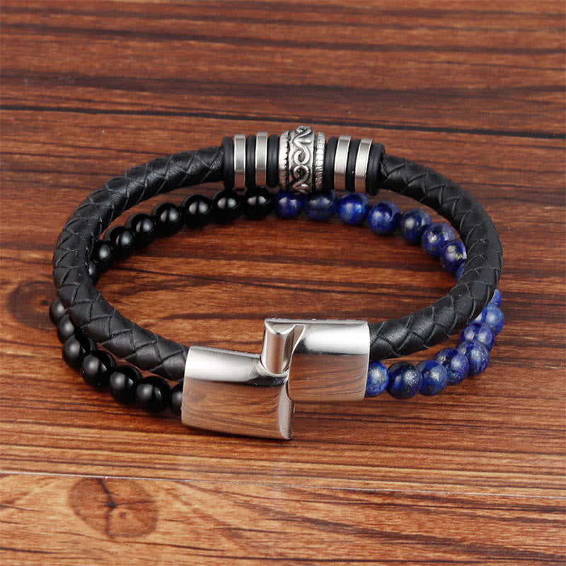 Pulsera de cuero con Buddha Stones, ónix negro, lazurita, lapislázuli, acero y titanio. - image 2