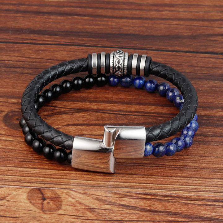 Pulsera de cuero con Buddha Stones, ónix negro, lazurita, lapislázuli, acero y titanio. - image 2