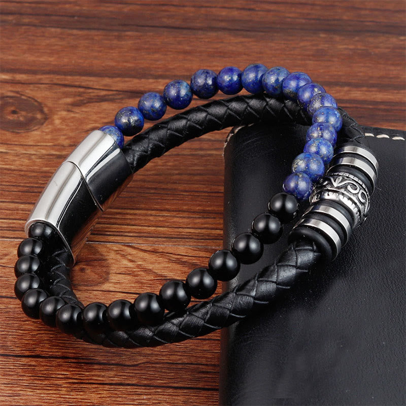 Pulsera de cuero con Buddha Stones, ónix negro, lazurita, lapislázuli, acero y titanio. - image 3