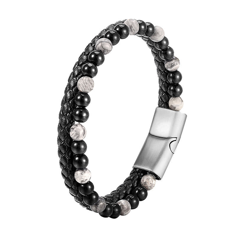 Pulsera de cuero con Buddha Stones, ónix negro, jaspe gris y acero de titanio. - image 9