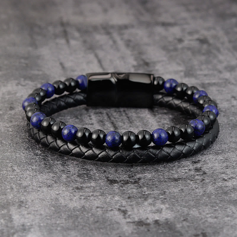 Pulsera de cuero con Buddha Stones, ónix negro, lazurita y acero de titanio para el cuidado personal positivo - image 1