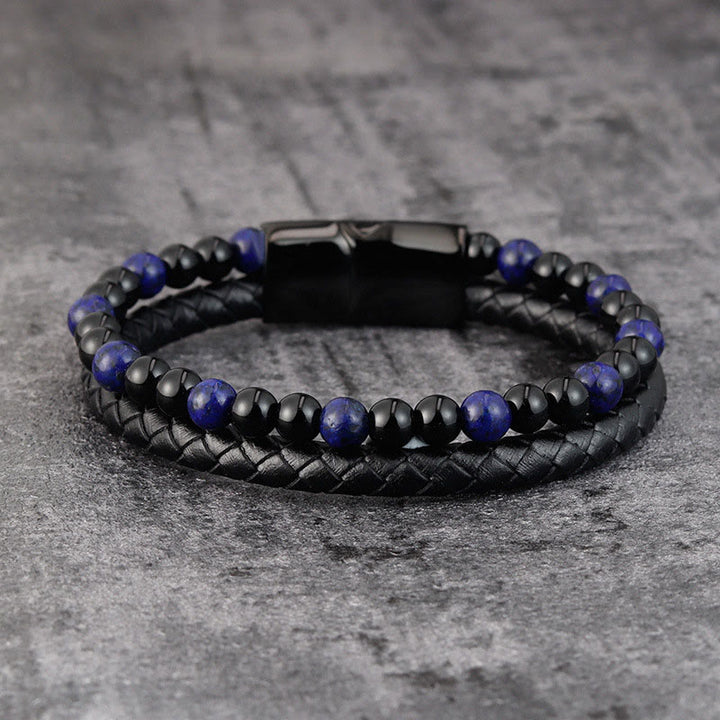 Pulsera de cuero con Buddha Stones, ónix negro, lazurita y acero de titanio para el cuidado personal positivo - image 1