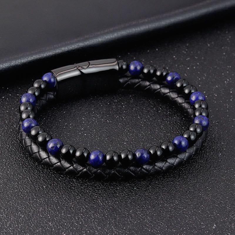 Pulsera de cuero con Buddha Stones, ónix negro, lazurita, lapislázuli, acero y titanio para el autocuidado positivo. - image 3
