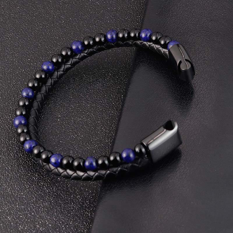 Pulsera de cuero con Buddha Stones, ónix negro, lazurita, lapislázuli, acero y titanio para el autocuidado positivo. - image 11