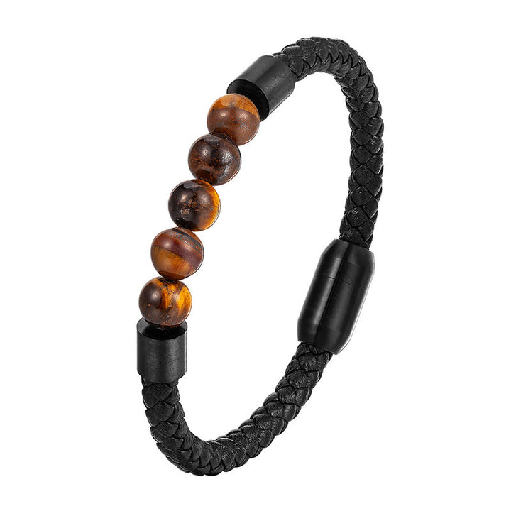 Pulsera de cuero con Buddha Stones, piedra esmerilada, roca de lava, ojo de tigre y acero de titanio. - Ojo de tigre (Circunferencia de la muñeca: 18-19 cm) - image 9