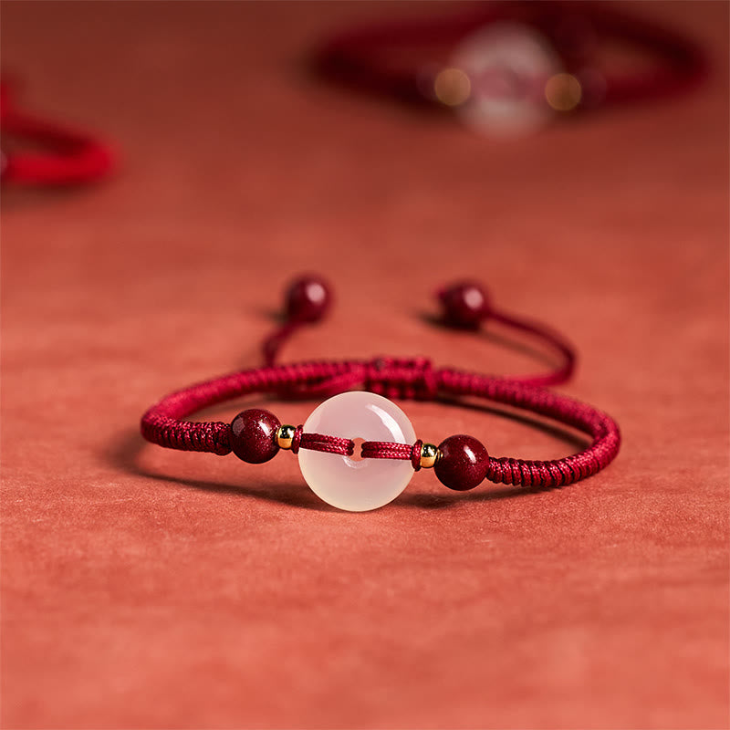 Pulsera de conexión con hilo rojo, hebilla de la paz con Buddha Stones, nudo plano de ágata blanca y nudo de diamante. - Nudo de diamante Cuerda rojo oscuro - image 12
