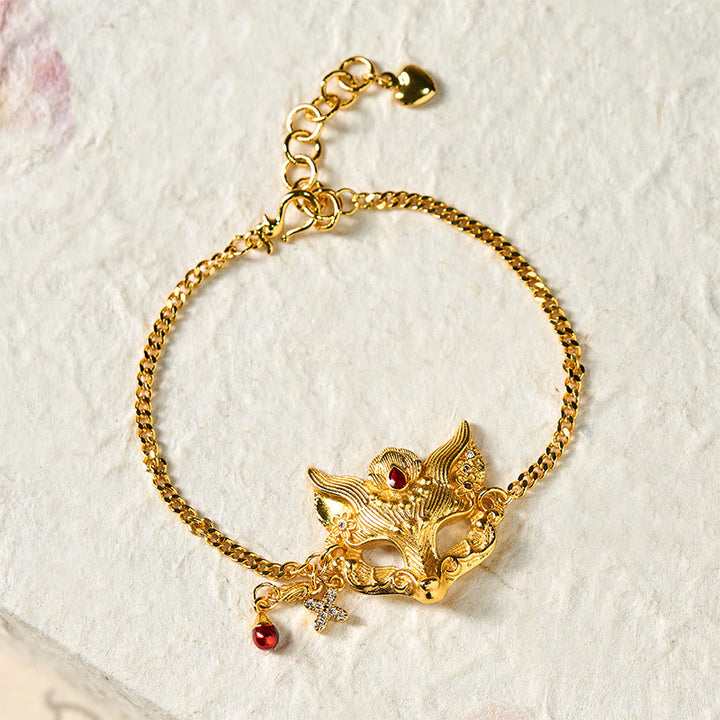 Pulsera con colgante de máscara de zorro de latón chapado en oro de 24k con Buddha Stones y cadena con borla - image 3
