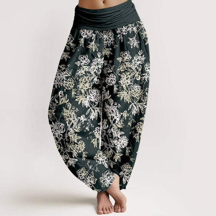 Pantalones bombachos de mujer con cintura elástica y estampado retro de pétalos en capas de algodón con Buddha Stones - Negro - US16，UK/AU20，EU48 (3XL) - image 0