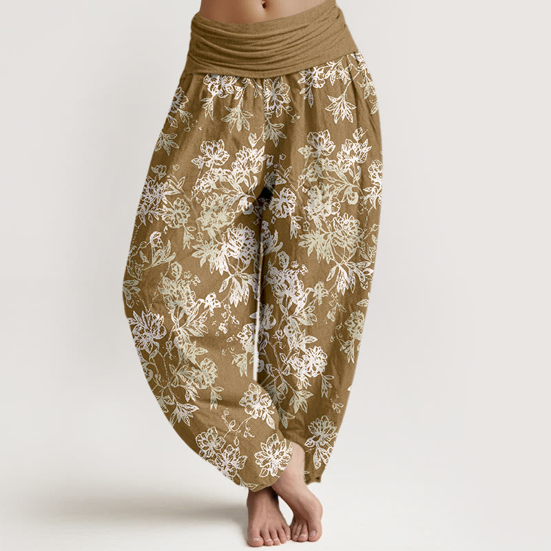 Pantalones bombachos de mujer con cintura elástica y estampado retro de pétalos en capas de algodón con Buddha Stones - Vara de oro - US16，UK/AU20，EU48 (3XL) - image 5
