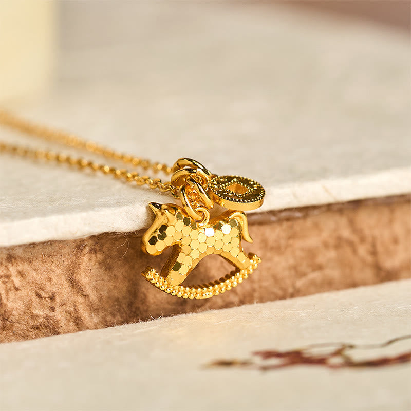 Collar con colgante de moneda de cobre chapado en oro de 24k con Buddha Stones del Año del Caballo - Caballo balancín de cobre - image 0