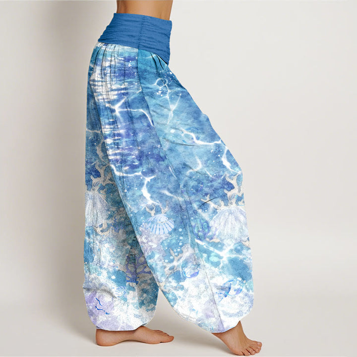 Pantalones bombachos de cintura elástica para mujer con estampado de conchas marinas y corales, de algodón con Buddha Stones. - image 2