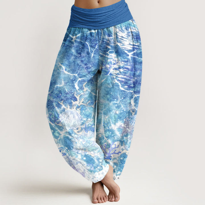 Pantalones bombachos de cintura elástica para mujer con estampado de conchas marinas y corales, de algodón con Buddha Stones. - DodgerBlue - US16，UK/AU20，EU48 (3XL) - image 0