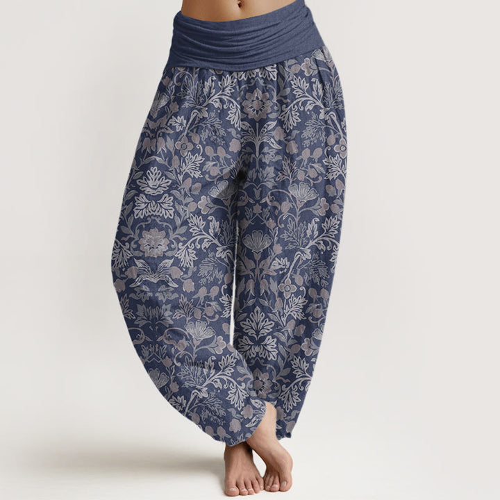 Pantalones bombachos de cintura elástica para mujer, de algodón puro con intrincado estampado de flores, hojas y enredaderas, de Buddha Stones. - Azul pizarra - US16，UK/AU20，EU48 (3XL) - image 5