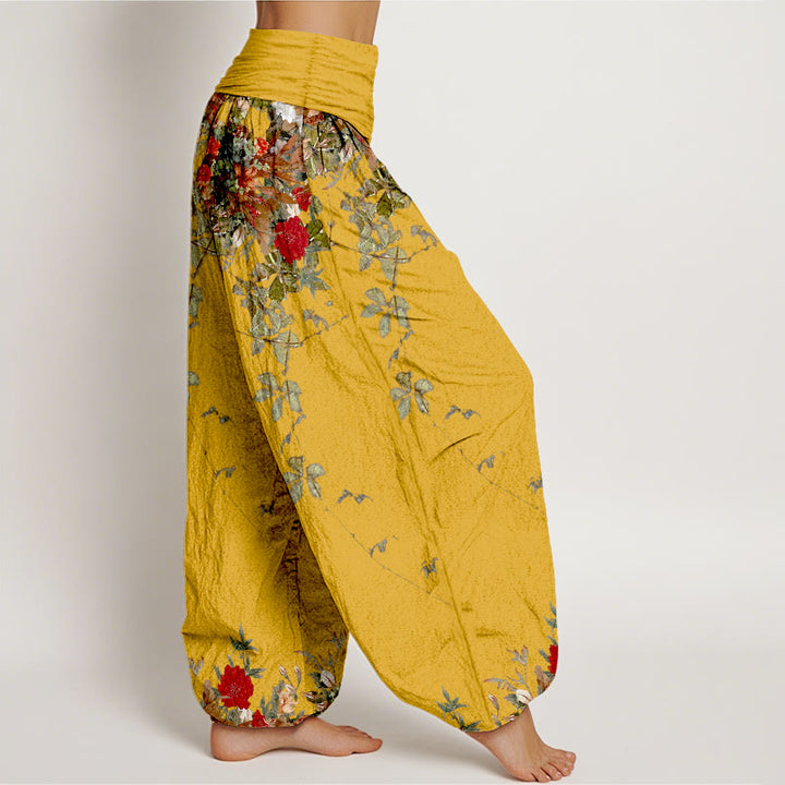 Pantalones bombachos de cintura elástica para mujer, de algodón puro con estampado de flores y hojas de colores y piedras de Buddha Stones. - image 2