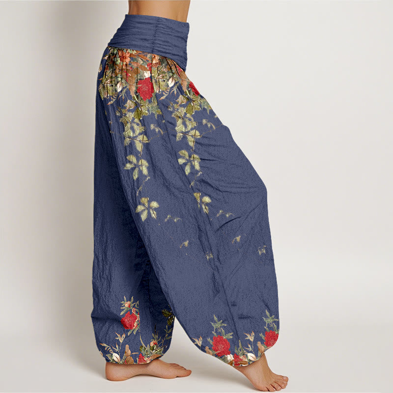 Pantalones bombachos de cintura elástica para mujer, de algodón puro con estampado de flores y hojas de colores y piedras de Buddha Stones. - image 7