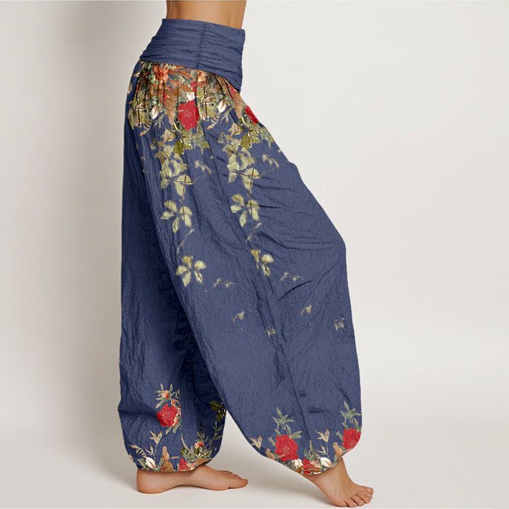 Pantalones bombachos de cintura elástica para mujer, de algodón puro con estampado de flores y hojas de colores y piedras de Buddha Stones. - image 7