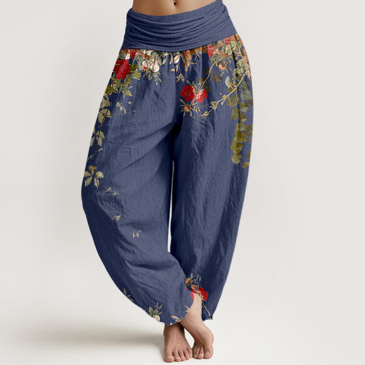 Pantalones bombachos de cintura elástica para mujer, de algodón puro con estampado de flores y hojas de colores y piedras de Buddha Stones. - Azul pizarra oscuro - US16，UK/AU20，EU48 (3XL) - image 5