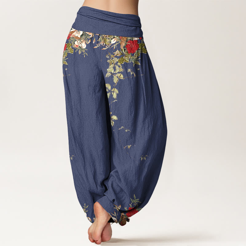 Pantalones bombachos de cintura elástica para mujer, de algodón puro con estampado de flores y hojas de colores y piedras de Buddha Stones. - image 6