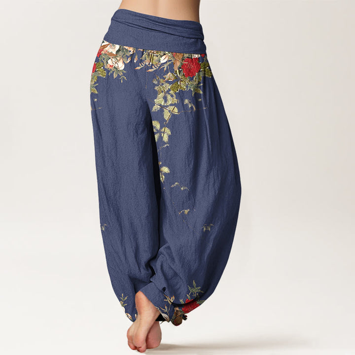 Pantalones bombachos de cintura elástica para mujer, de algodón puro con estampado de flores y hojas de colores y piedras de Buddha Stones. - image 6