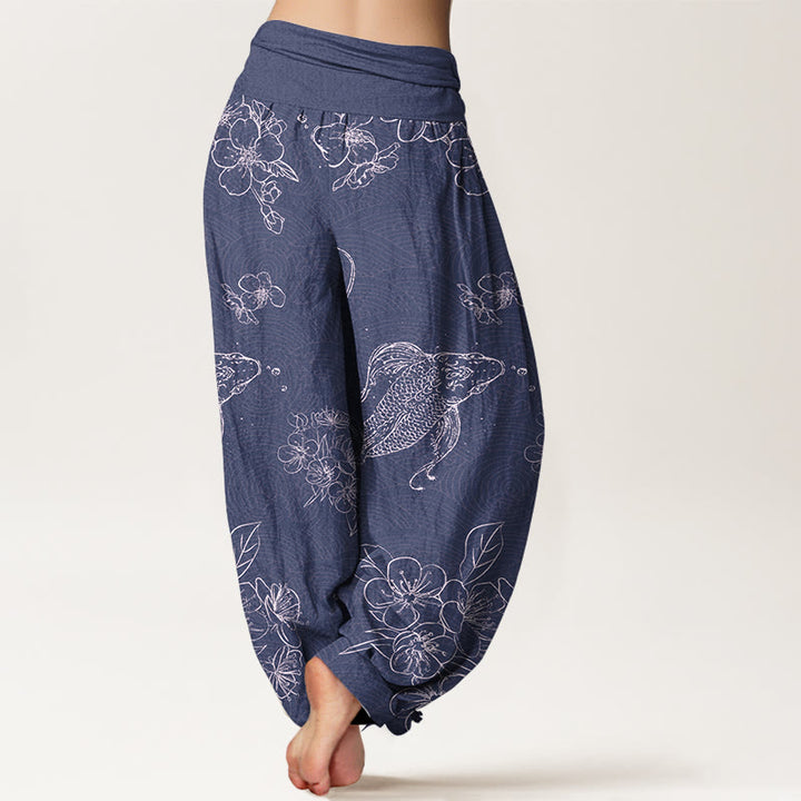 Pantalones bombachos de cintura elástica para mujer, de algodón puro con exquisitos estampados de flores y peces koi, confeccionados con Buddha Stones. - image 1