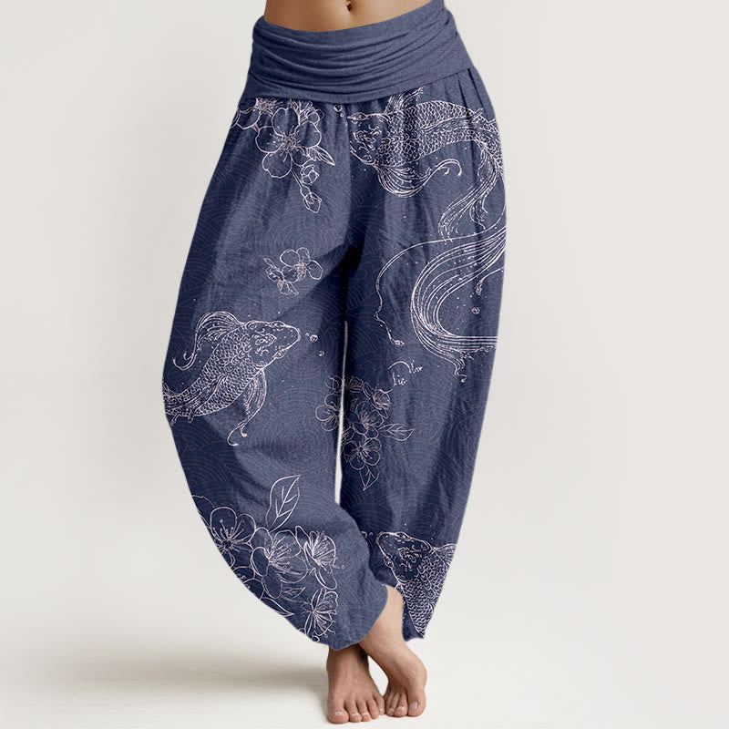 Pantalones bombachos de cintura elástica para mujer, de algodón puro con exquisitos estampados de flores y peces koi, confeccionados con Buddha Stones. - Azul pizarra oscuro - US16，UK/AU20，EU48 (3XL) - image 0