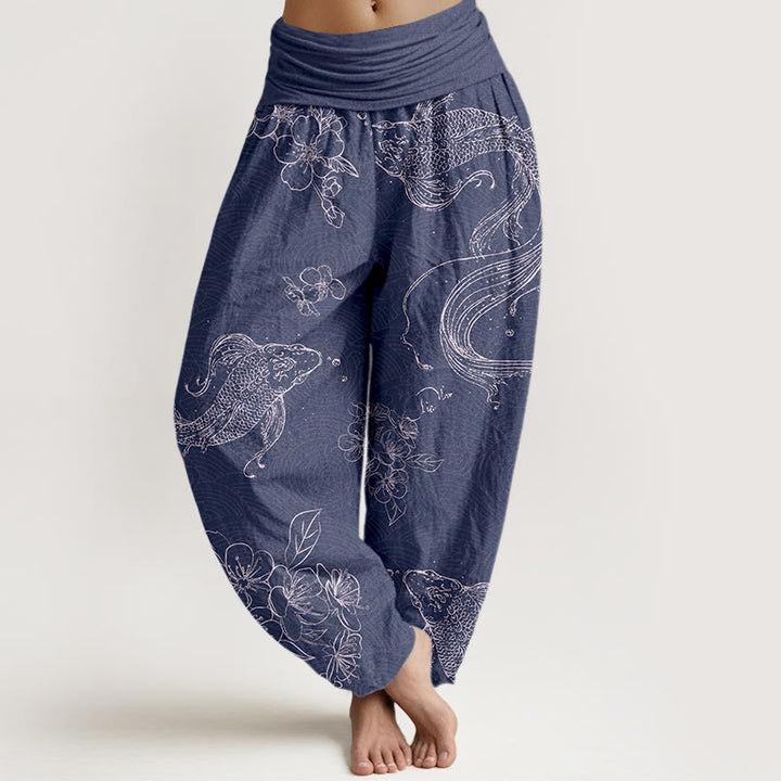 Pantalones bombachos de cintura elástica para mujer, de algodón puro con exquisitos estampados de flores y peces koi, confeccionados con Buddha Stones. - Azul pizarra oscuro - US16，UK/AU20，EU48 (3XL) - image 0